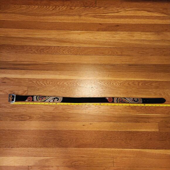 Guido Angeloni Vintage Black Suede + Leather Belt w/ Boho Design, Length 42" - Picture 4 of 8